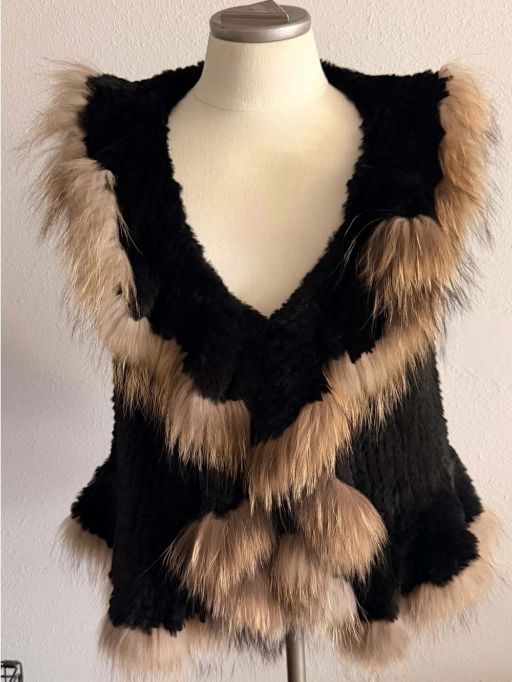 Adore Black Vest with Rabbit and Raccoon Tan Fur Small